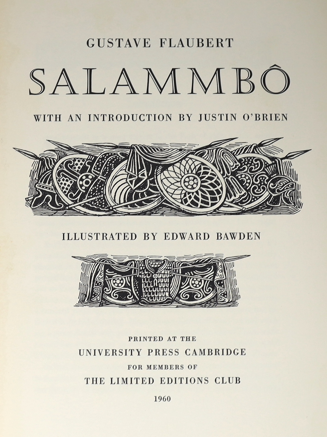 Flaubert, Gustave - Salammbo, one of 1600 signed by the illustrator Edward Bawden, 4to, original cream buckram, with 8 double-page plates, The Limited Editions Club, University Press, Cambridge, 1960, in slip case.